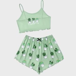 SHEIN Green Cactus Print Sleepwear Set, Size S